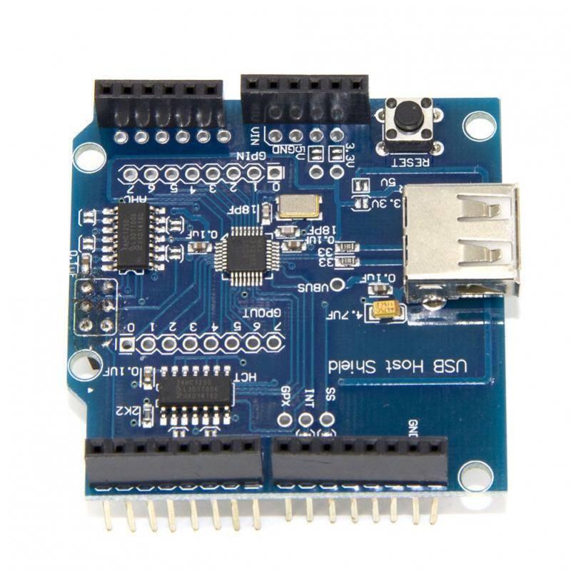 Arduino Compatible USB Host Shield - a blue circuit board featuring a USB Type-A port, a reset button, multiple pin headers, and integrated chips.