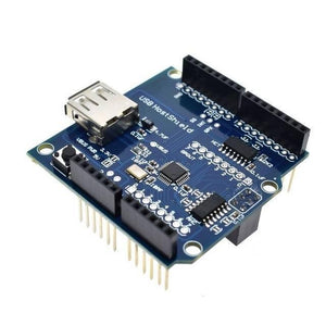 Arduino Compatible USB Host Shield - shown as a blue circuit board with a USB port, a reset button, and black pin headers.