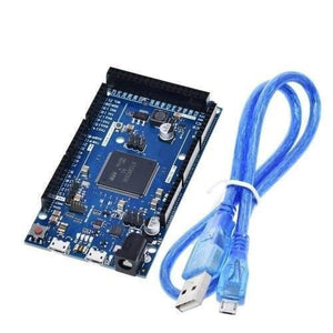 Arduino Due AT91SAM3X8E Arm Cortex-M3 Board With USB Cable - shown with a blue USB cable, featuring a blue circuit board, a power jack, and two micro USB ports.