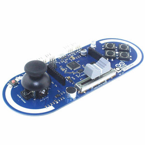 Arduino Esplora Joystick Photosensitive Sensor Board Support LCD - a blue PCB with a black joystick, a linear potentiometer, four push buttons, a reset button, and a microphone.