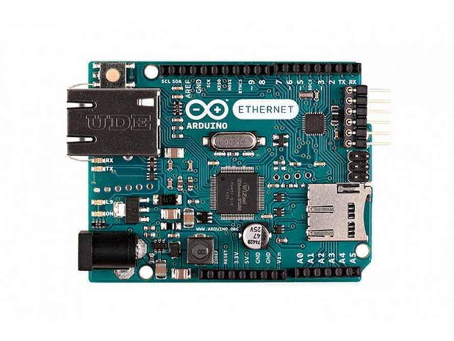 Arduino Ethernet REV3 without POE - a teal circuit board featuring an Ethernet port, an SD card slot, a power jack, and various pin headers.