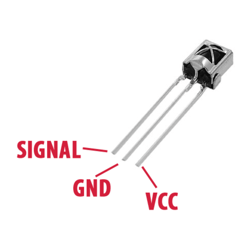 Arduino IR Receiver 3 Pin 38kHz Receiver - a silver-cased electronic component with three metal pins labeled as Signal, GND, and VCC.