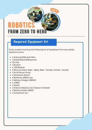 Arduino Kit For The Itu Kids Course Robotics From Zero To Hero In Lahore - a flyer listing required equipment including an Arduino, sensors, and chassis.