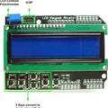 Arduino LCD Keypad Shield - a blue 16x2 LCD screen, a contrast potentiometer, ICSP pins, and five push buttons labeled Select, Left, Up, Down, Right.