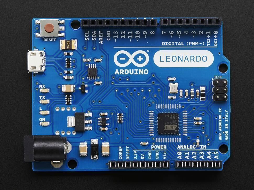 Arduino Leonardo R3 Board – ATMEGA32U4 Microcontroller, 20 I/o Pins, USB, 16MHz - a blue rectangular microcontroller circuit board featuring a USB port, power jack, reset button, and various pin headers.