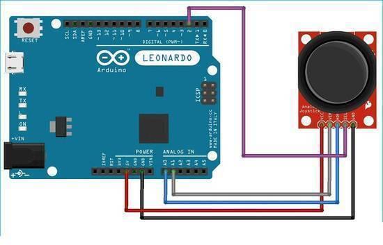 Arduino Leonardo R3 Board – ATMEGA32U4 Microcontroller, 20 I/o Pins, USB, 16MHz - connected by wires to a red analog joystick module, showing the wiring layout between the board's pins and the joystick.
