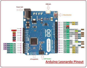 Arduino Leonardo R3 Board – ATMEGA32U4 Microcontroller, 20 I/o Pins, USB, 16MHz - the blue microcontroller board with its USB jack, power jack, reset button, and labeled pin headers.