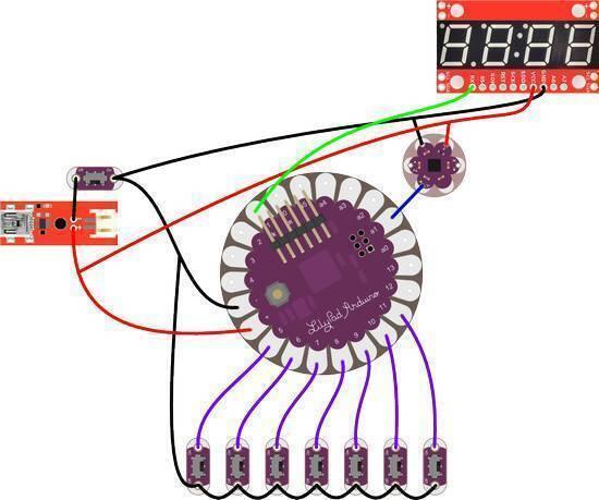 Arduino Lilypad Arduino 328 Main Board ATMEGA328P ATMEGA328 16M - a wiring diagram with a 7-segment display, a power module, and several small connected components.