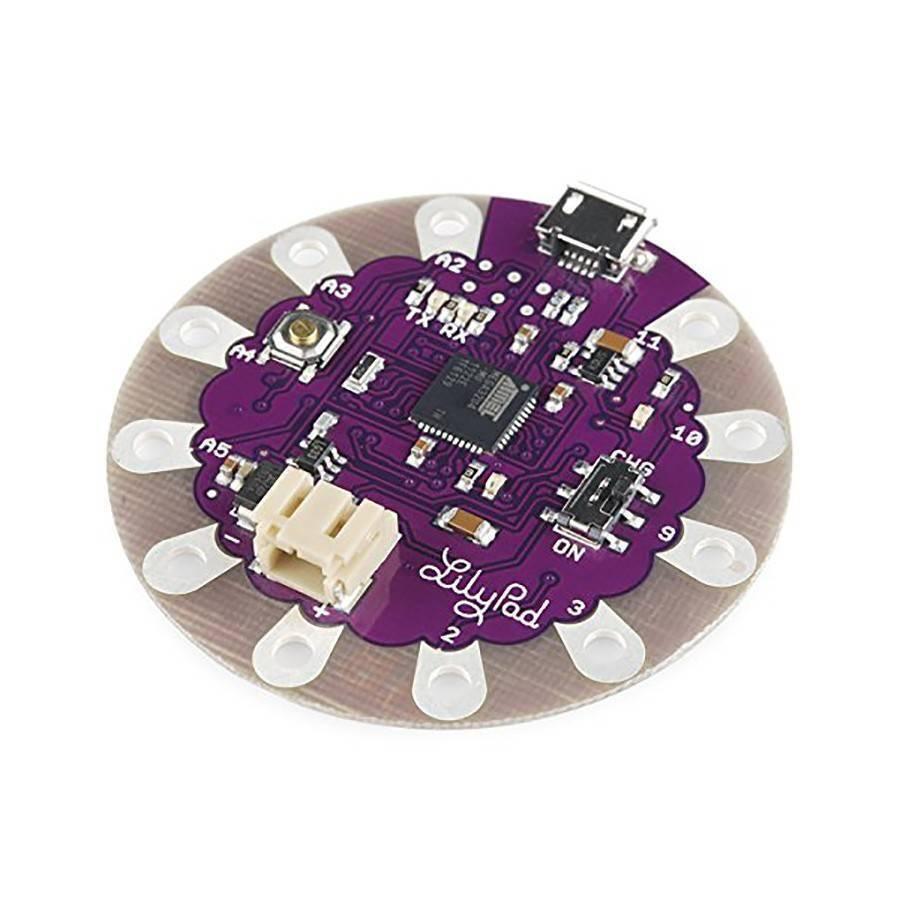 Arduino Lilypad ATMEGA32U4 - a circular purple microcontroller board with a micro-USB port, a power switch, a battery connector, and multiple pins.