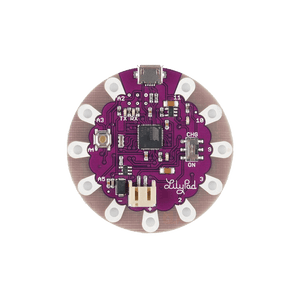 Arduino Lilypad ATMEGA32U4 - a round purple microcontroller board featuring a micro-USB port, a power switch, a reset button, and various pin connections.