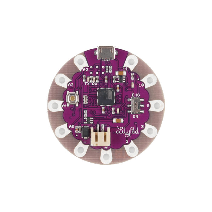 Arduino Lilypad ATMEGA32U4 - a round purple microcontroller board featuring a micro-USB port, a power switch, a reset button, and various pin connections.