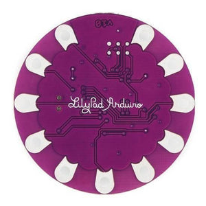 Arduino Lilypad ATMEGA32U4 - a circular, purple printed circuit board featuring a white "Lilypad Arduino" logo and silver-plated connection pads.