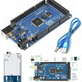 Arduino Mega 2560 R3 - shown with a blue USB cable, a top-down view of the board, and a diagram labeling its ports, pins, and power input.