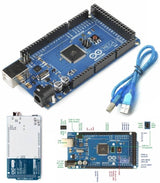 Arduino Mega 2560 R3 - shown with a blue USB cable, a top-down view of the board, and a diagram labeling its ports, pins, and power input.