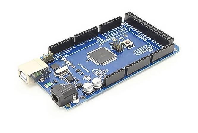 Arduino Mega 2560 R3 - a blue microcontroller board featuring a USB port, a DC power jack, a reset button, and rows of black pin headers.