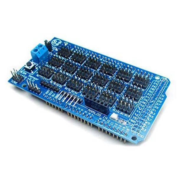 Arduino Mega Sensor Shield - a blue rectangular circuit board featuring multiple pin headers, a reset button, and a two-terminal screw connector.