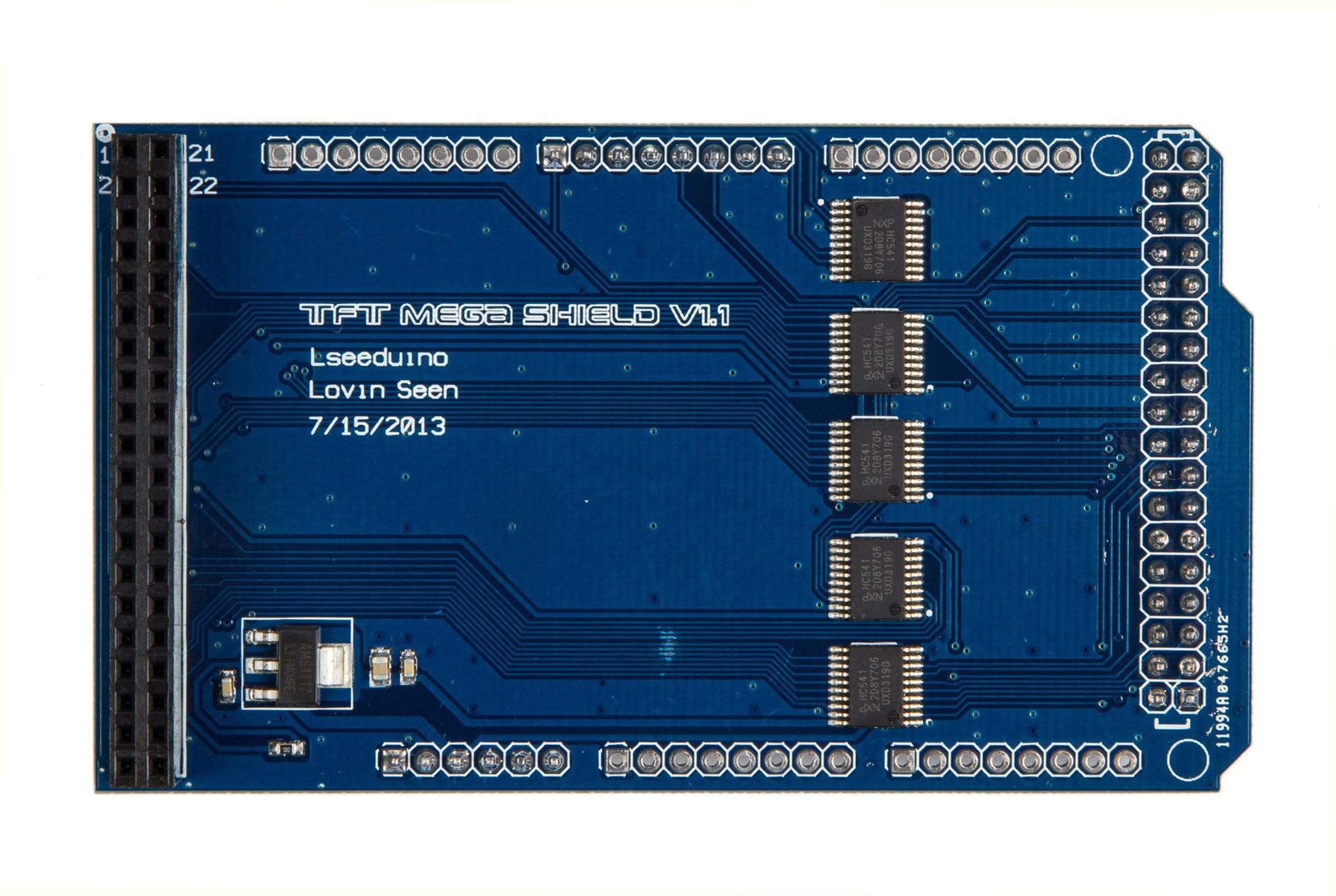 Arduino Mega TFT LCD Shield - a blue rectangular circuit board featuring a 40-pin connector, five integrated circuits, and multiple edge header pins.
