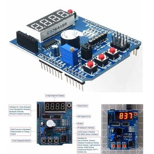 Arduino Multifunctional Expansion Board Shield Kit - a blue circuit board with a 4-digit display, three buttons, a buzzer, and various ports.