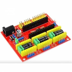 Arduino Nano CNC Shield V4 Expansion Board Stepper Motor Driver Board - a red circuit board featuring a power jack, reset button, pin headers, and three yellow motor driver slots.