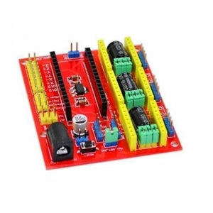 Arduino Nano CNC Shield V4 Expansion Board Stepper Motor Driver Board - a red circuit board featuring yellow pin headers, green terminal blocks, black capacitors, and a power jack.