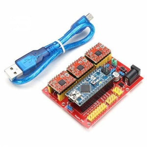 Arduino Nano CNC Shield V4 Expansion Board Stepper Motor Driver Board - a red circuit board with a blue Nano, three stepper drivers, yellow pins, and a blue USB cable.