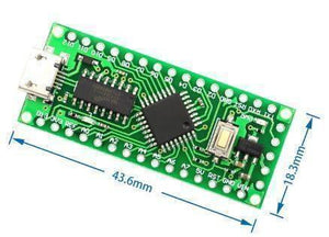 Arduino Nano V3.0 ATMEGA328P Clone LGT8F328P - shown as a green rectangular circuit board with a micro-USB port, a reset button, and dimension labels.