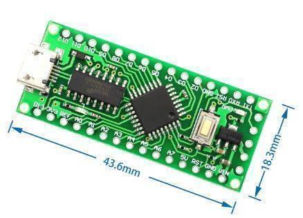 Arduino Nano V3.0 ATMEGA328P Clone LGT8F328P - shown as a green rectangular circuit board with a micro-USB port, a reset button, and dimension labels.
