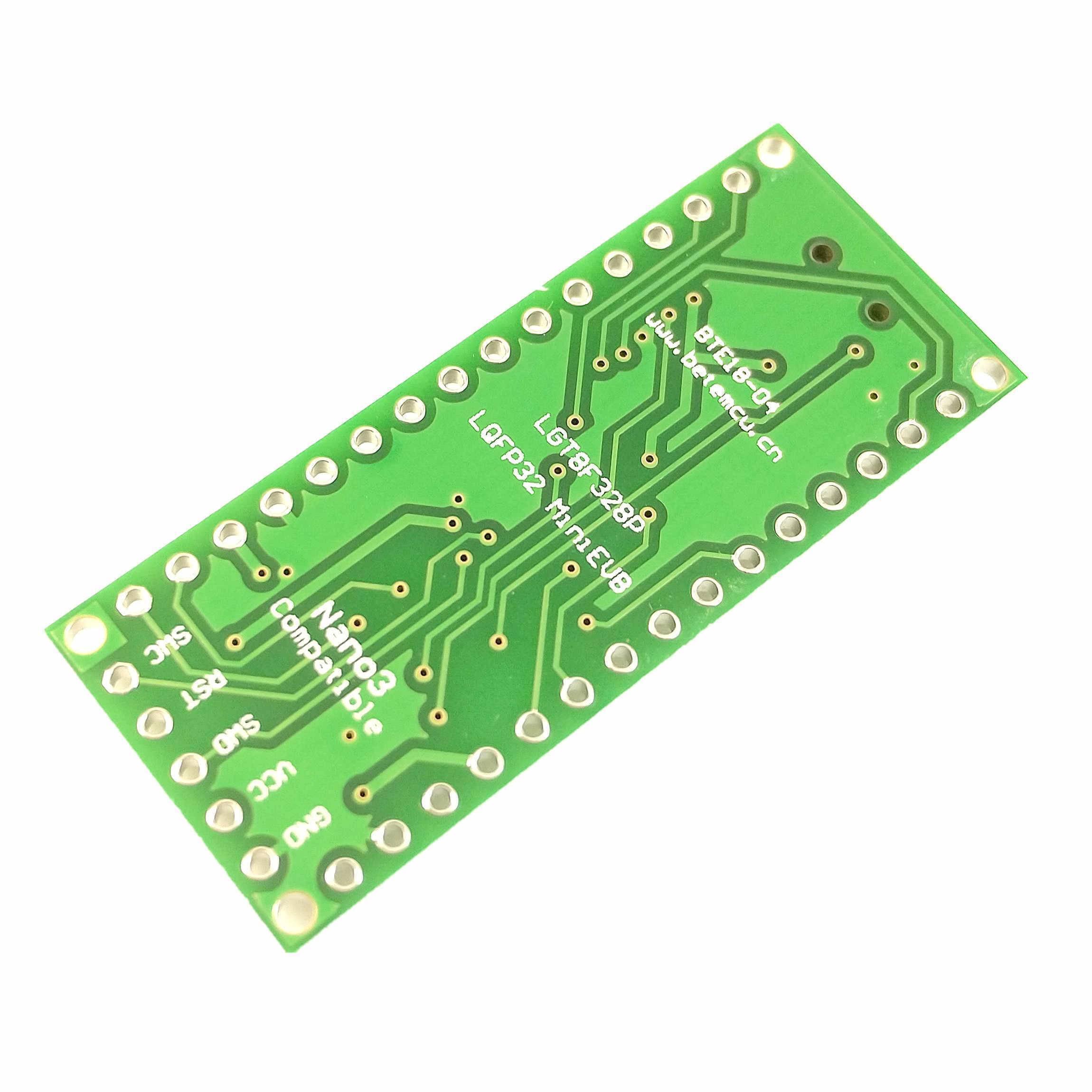 Arduino Nano V3.0 ATMEGA328P Clone LGT8F328P - a green rectangular printed circuit board showing the bottom side with labeled pin holes and traces.