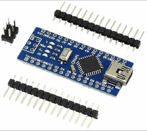 Arduino Nano V3 - shown with a blue circuit board, a mini-USB port, a reset button, and two rows of loose header pins.