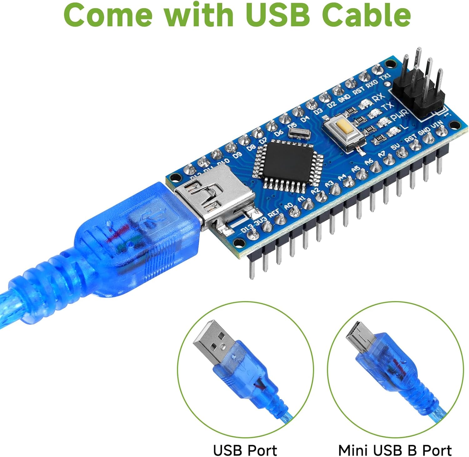 Arduino Nano V3 With Cable ATMEGA328 - a blue development board with a Mini USB B port, a reset button, and a blue USB cable with a standard USB connector.