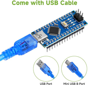 Arduino Nano V3 With Cable ATMEGA328 - a blue development board with a Mini USB B port, a reset button, and a blue USB cable with a standard USB connector.