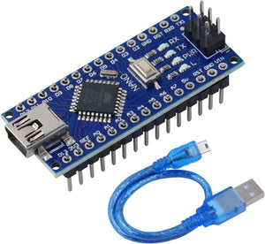 Arduino Nano V3 With Cable ATMEGA328 - a blue development board with a mini-USB port, reset button, and pins alongside a blue USB cable.