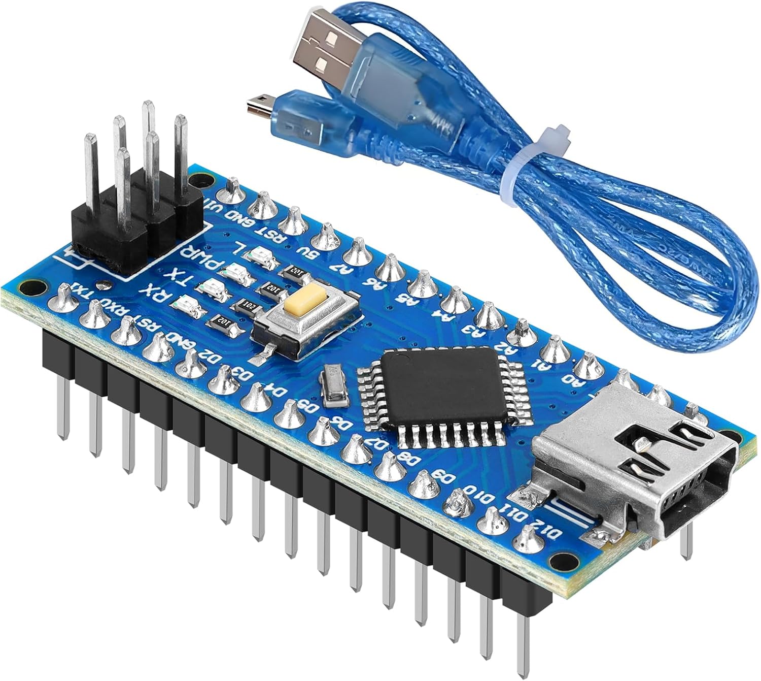 Arduino Nano V3 With Cable ATMEGA328 - blue microcontroller board with pins, a USB port, and a reset button, accompanied by a blue USB cable.