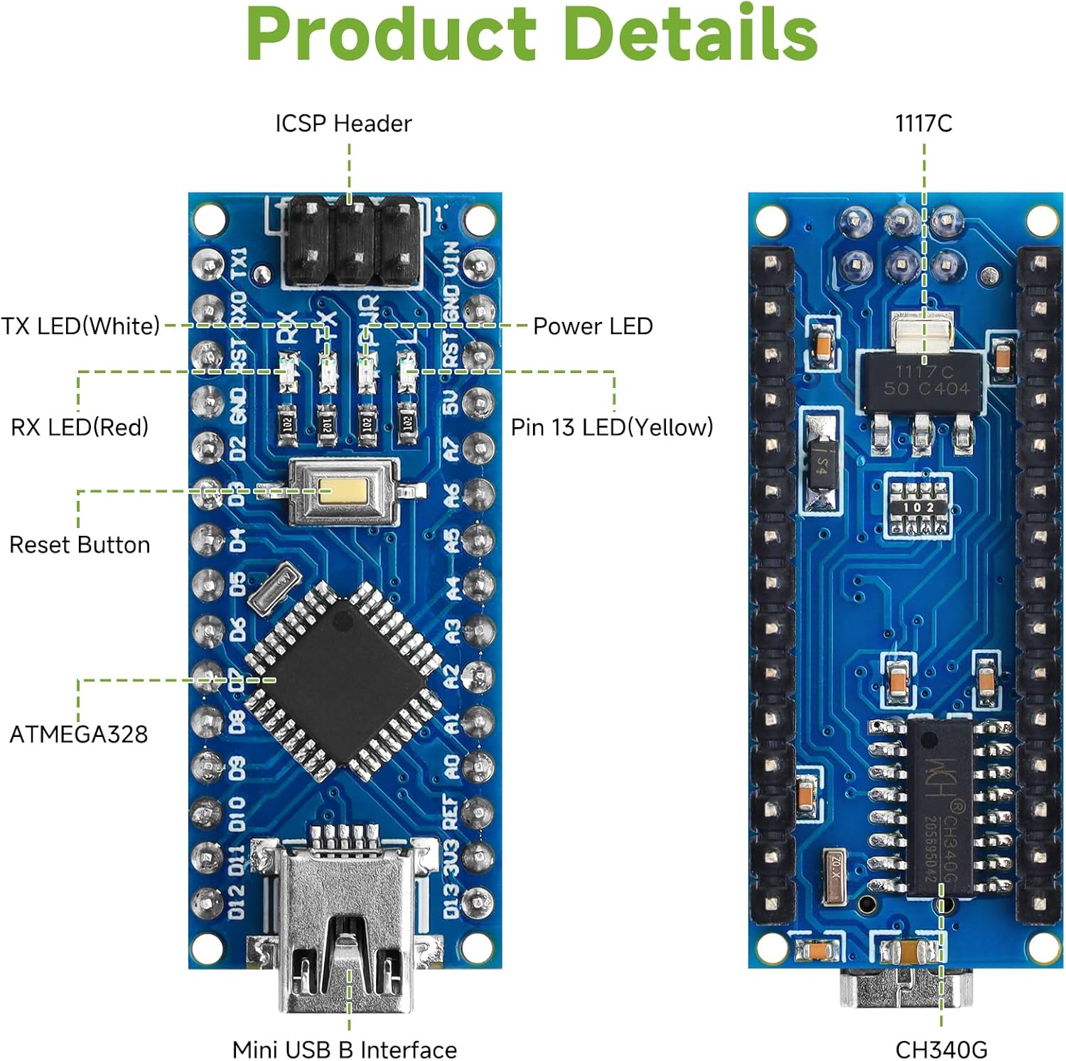 Arduino Nano V3 With Cable ATMEGA328 - top and bottom views of the blue circuit board with its Mini USB B port, reset button, and various components.