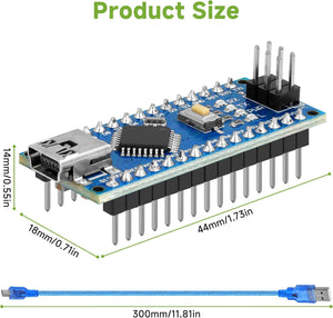 Arduino Nano V3 With Cable ATMEGA328 - a blue microcontroller board with a USB port, pins, and a reset button, with dimensions and a USB cable below.