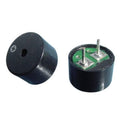 Arduino Passive Buzzer Speaker | Mini Piezo Buzzer Module For DIY Projects - two black cylindrical piezo buzzer components, one displaying a plus sign and the other showing two metal pins.