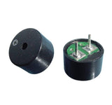 Arduino Passive Buzzer Speaker | Mini Piezo Buzzer Module For DIY Projects - two black cylindrical piezo buzzer components, one displaying a plus sign and the other showing two metal pins.