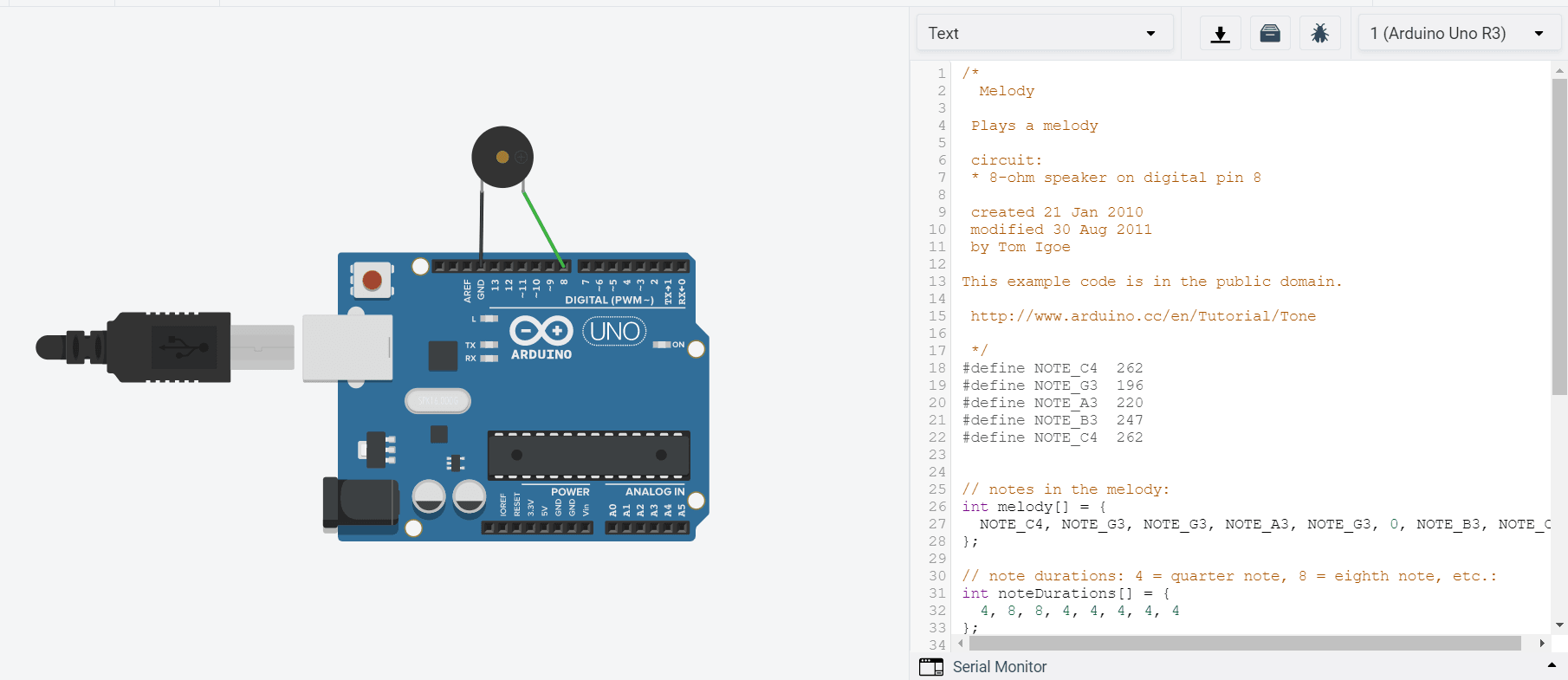 Arduino Passive Buzzer Speaker | Mini Piezo Buzzer Module For DIY Projects - connected to an Arduino Uno board with a USB cable, displaying melody code in an integrated development environment.