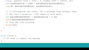 Arduino Passive Buzzer Speaker | Mini Piezo Buzzer Module For DIY Projects - close-up view of Arduino programming code showing note duration and tone functions displayed on a computer screen.