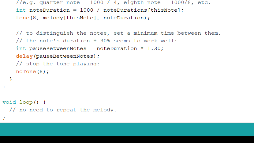 Arduino Passive Buzzer Speaker | Mini Piezo Buzzer Module For DIY Projects - close-up view of Arduino programming code showing note duration and tone functions displayed on a computer screen.
