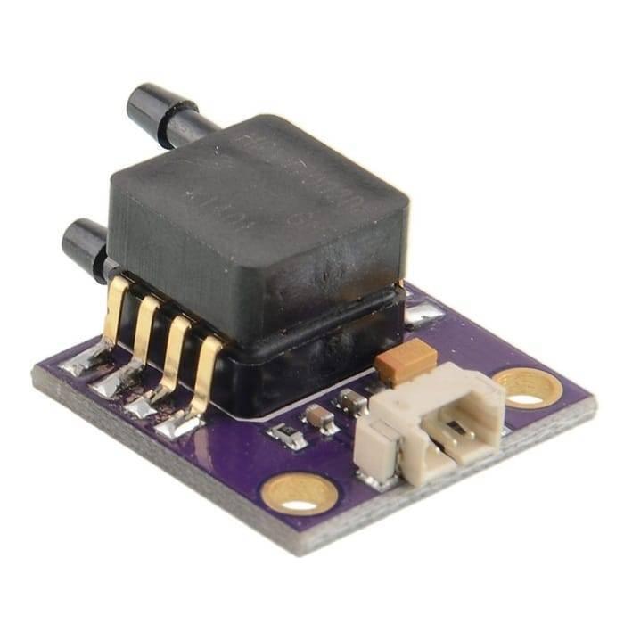 Arduino Pressure Sensor Module MPXV7002DP - a black dual-port sensor mounted on a purple circuit board with a white connector and gold pins.