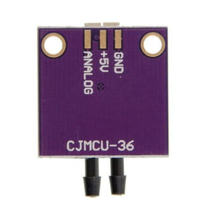 Arduino Pressure Sensor Module MPXV7002DP - a square purple circuit board with two black nozzles, three connection pins, and printed labels for GND, +5V.