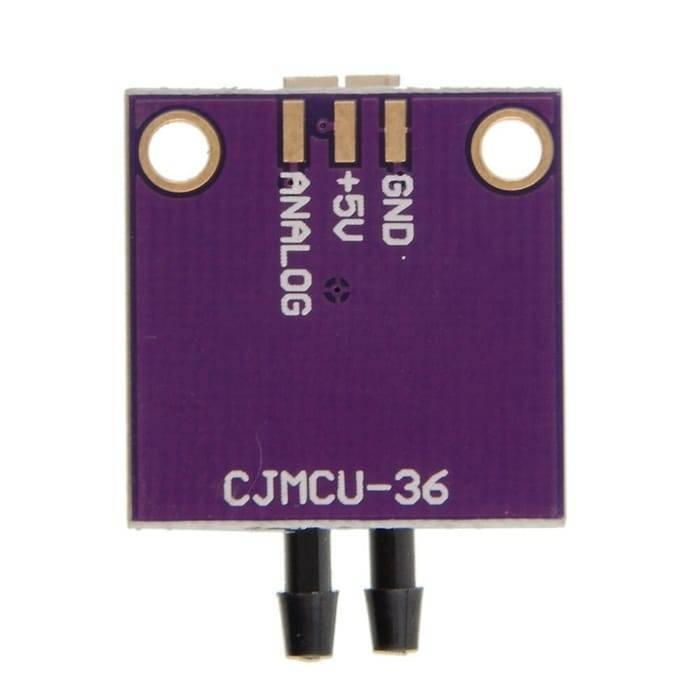 Arduino Pressure Sensor Module MPXV7002DP - a square purple circuit board with two black nozzles, three connection pins, and printed labels for GND, +5V.