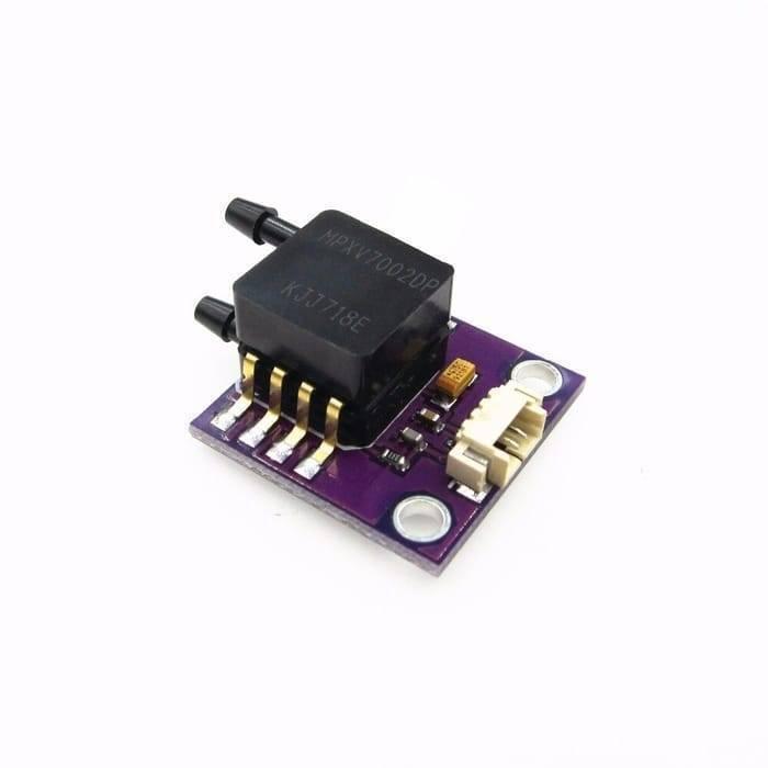 Arduino Pressure Sensor Module MPXV7002DP - a black differential pressure sensor mounted on a purple PCB with two nozzles, gold pins, and a white connector.