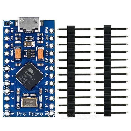 Arduino Pro Micro 5V 16M ATMEGA32U Rubber Ducky Rubberducky - a blue rectangular microcontroller board with a micro-USB port and two strips of black header pins.