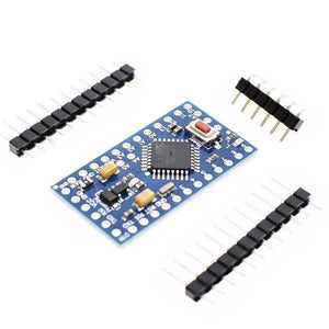 Arduino Pro Mini 3.3V 8MHz ATMEGA328P - shown with a blue rectangular circuit board, a reset button, and three sets of header pins on a white background.