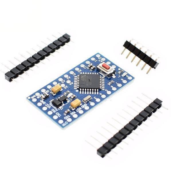 Arduino Pro Mini 3.3V 8MHz ATMEGA328P - shown with a blue rectangular circuit board, a reset button, and three sets of header pins on a white background.