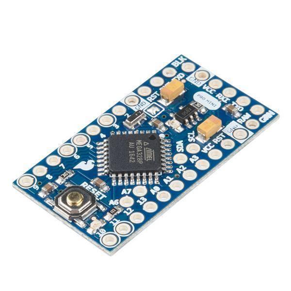 Arduino Pro Mini 3.3V 8MHz ATMEGA328P - shown as a blue rectangular circuit board with a reset button, multiple pin holes, and a central processor chip.
