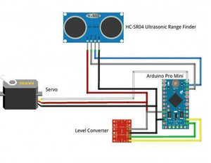 Arduino Pro Mini 3.3V 8MHz ATMEGA328P - connections to an HC-SR04 ultrasonic sensor, a servo motor, and a logic level converter.