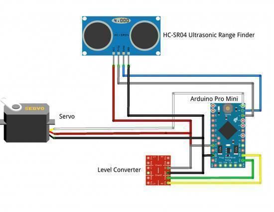 Arduino Pro Mini 3.3V 8MHz ATMEGA328P - connections to an HC-SR04 ultrasonic sensor, a servo motor, and a logic level converter.